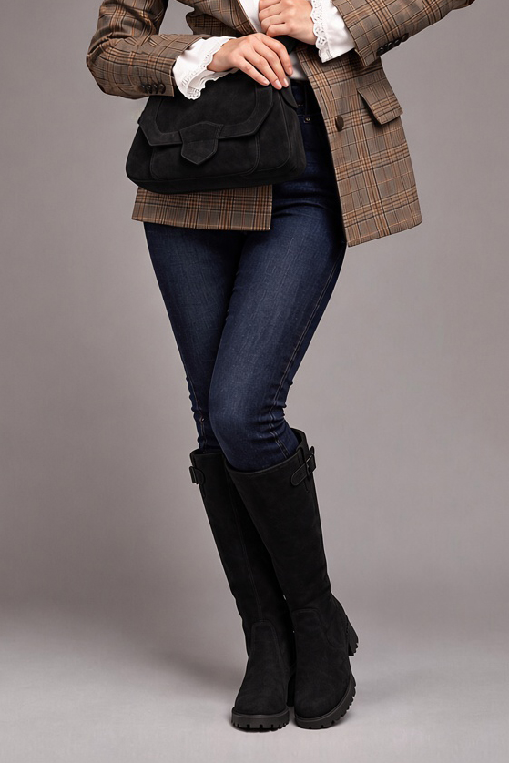Women's pitch black custom-made buckle knee-high boots with  and - Top view